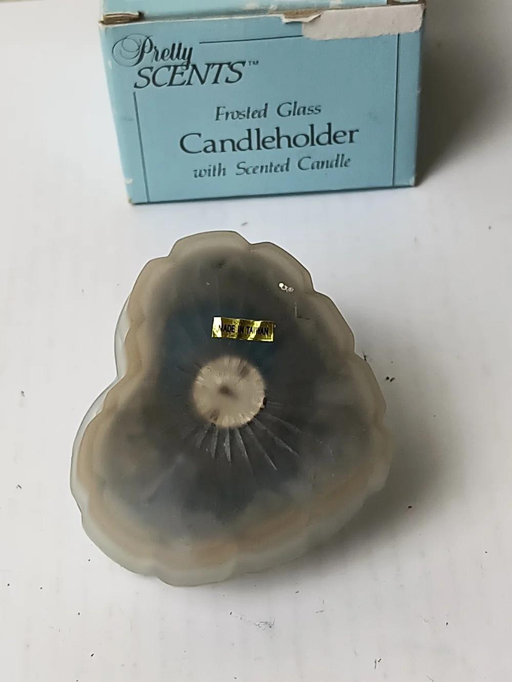 Frosted Glass Heart Candleholder with Blue Candle and Lid - Heart Box